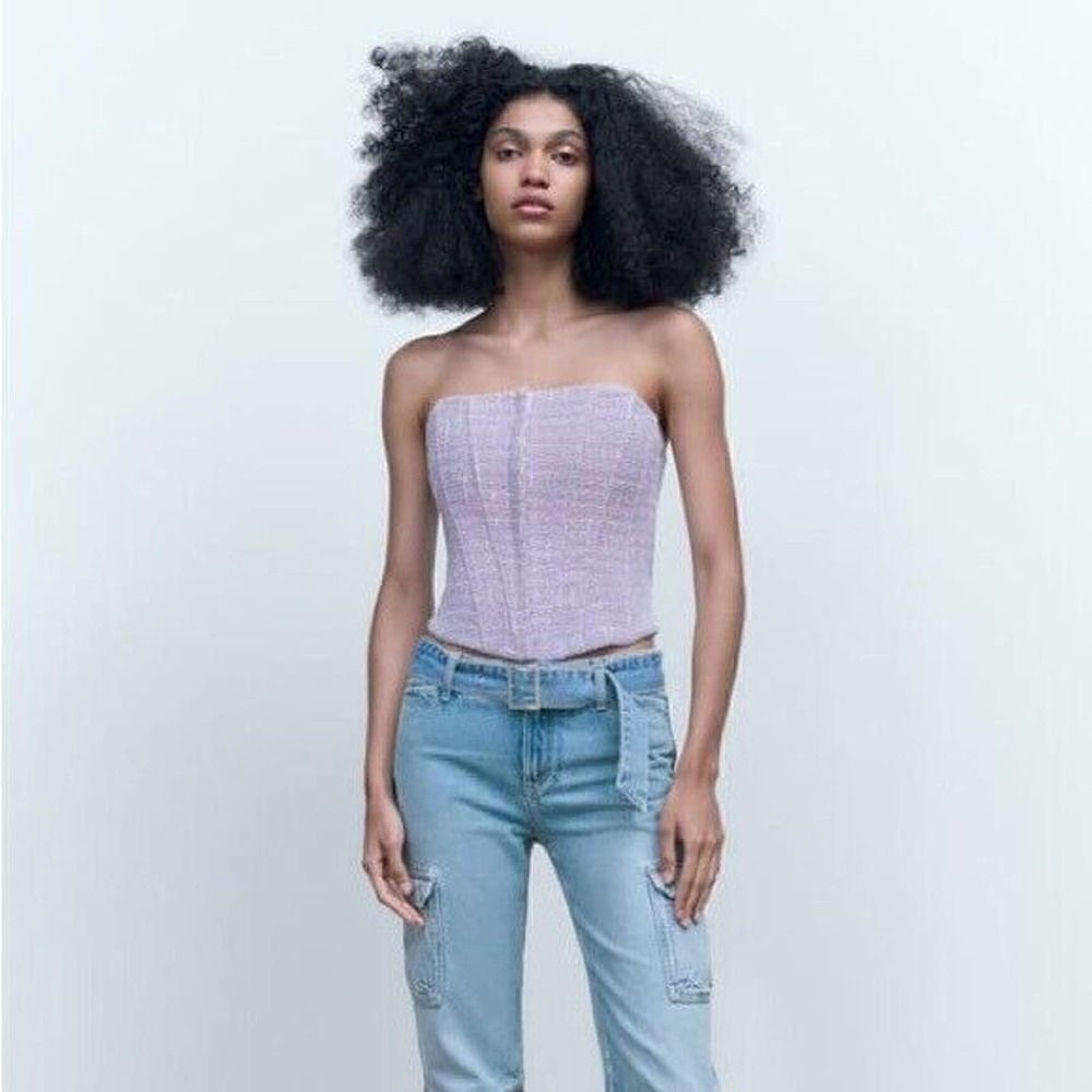 ZARA lavender purple cropped bustier tweed knit corset top size Small